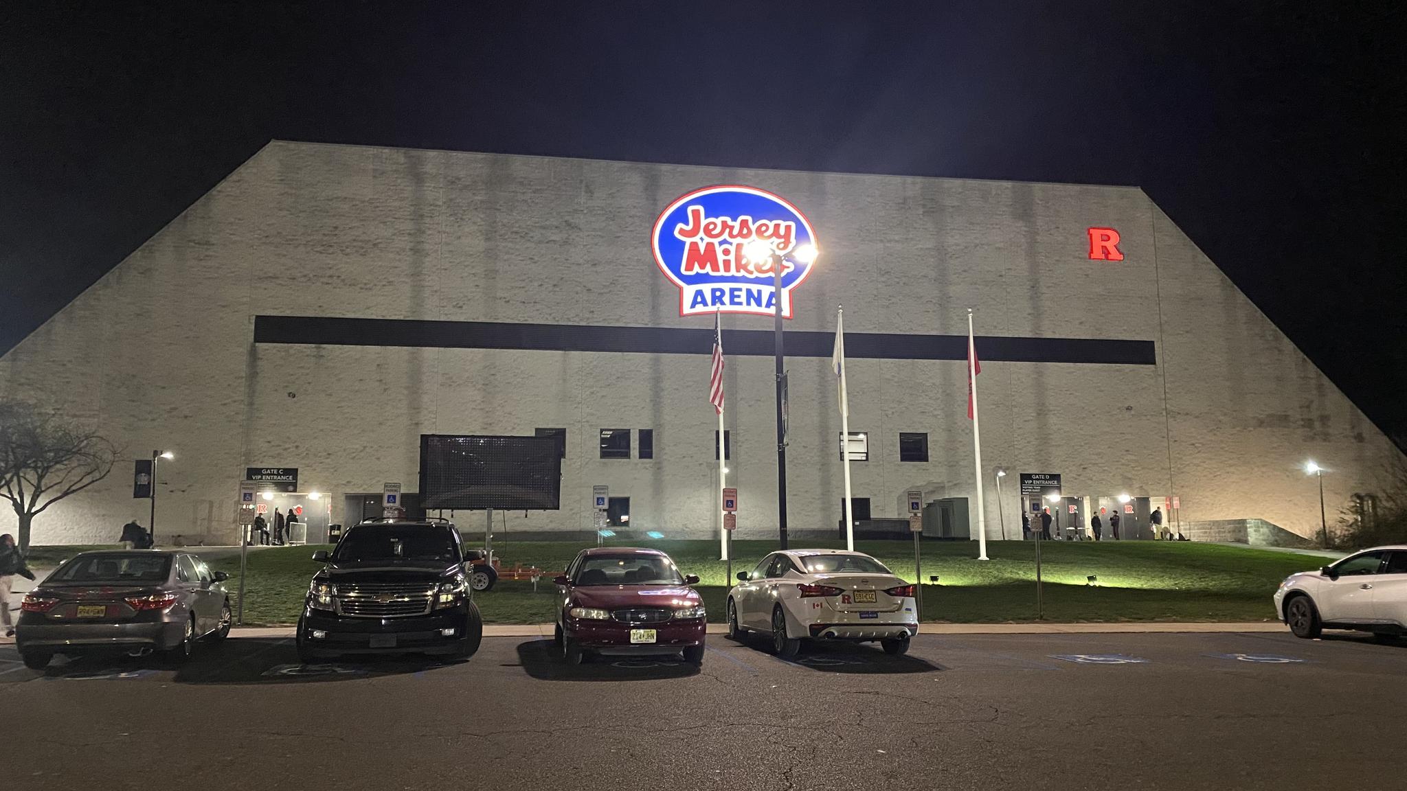 A photo of the exterior of Jersey Mike's Arena showcasing its trapezoidal shape