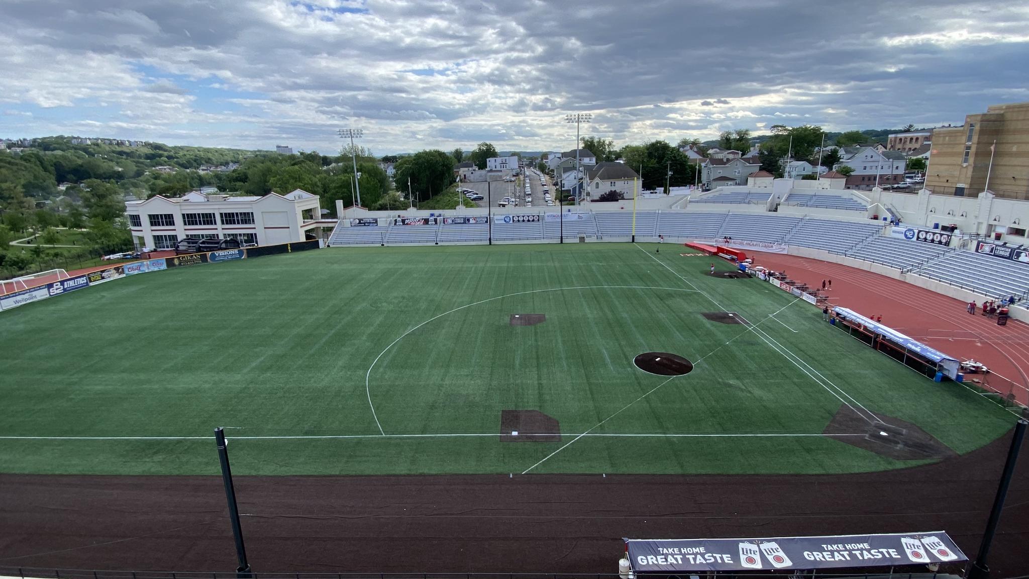 A view of Hinchliffe Stadium from atop the parking garage. Despite the stadium not selling alcohol, a beer advertisment can be seen near the field...